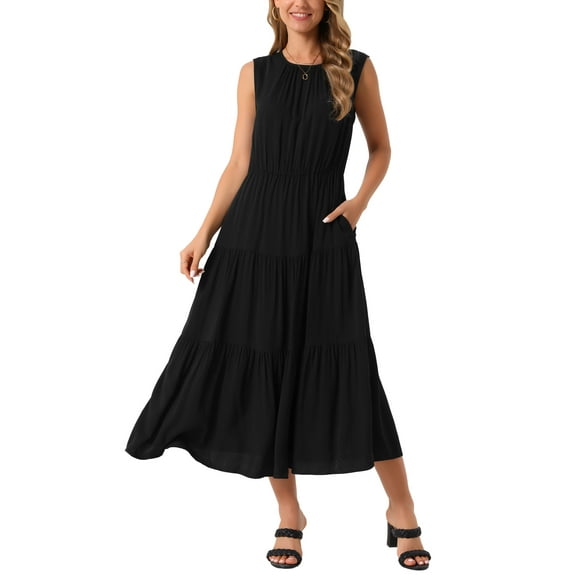 INSPIRE CHIC Women's Summer Dresses Sleeveless Crewneck Sundress Tiered Casual Flowy Midi Dress with Pockets L Black
