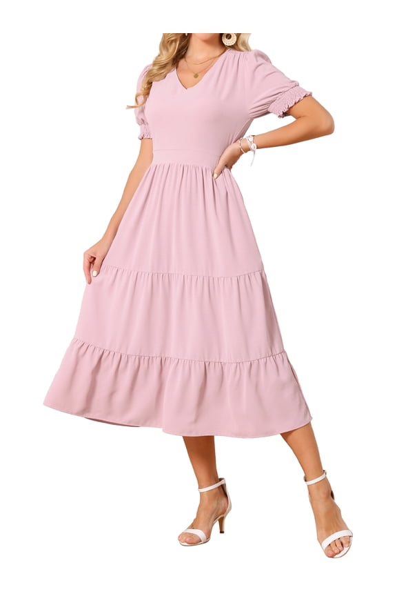 Women's Summer Dresses Smocked Floral Sundress Tiered Beach Flowy Boho Maxi Dress L Pink