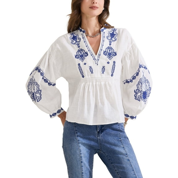 INSPIRE CHIC Women's Summer Embroidered Blouse V Neck Long Sleeve Casual Top S White