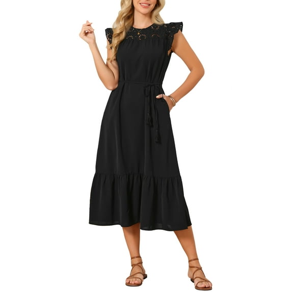 INSPIRE CHIC Women's Summer Eyelet Dress 2026 with Ruffle Sleeve and A-Line Midi Design S Black
