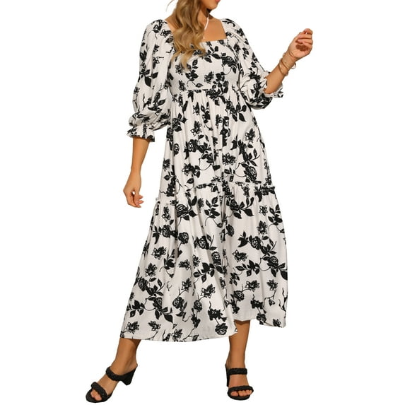 INSPIRE CHIC Women's Summer Floral Dresses Square Neck Short Sleeve A-Line Smocked Maxi Dress S Beige Black