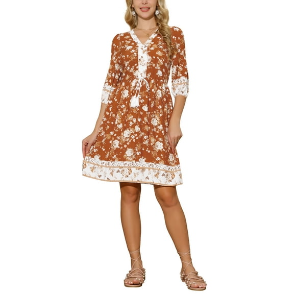 Women's Floral Dresses V Neck Half Sleeve Drawstring Waist Flowy Casual Summer Boho Dress with Pockets S Caramel