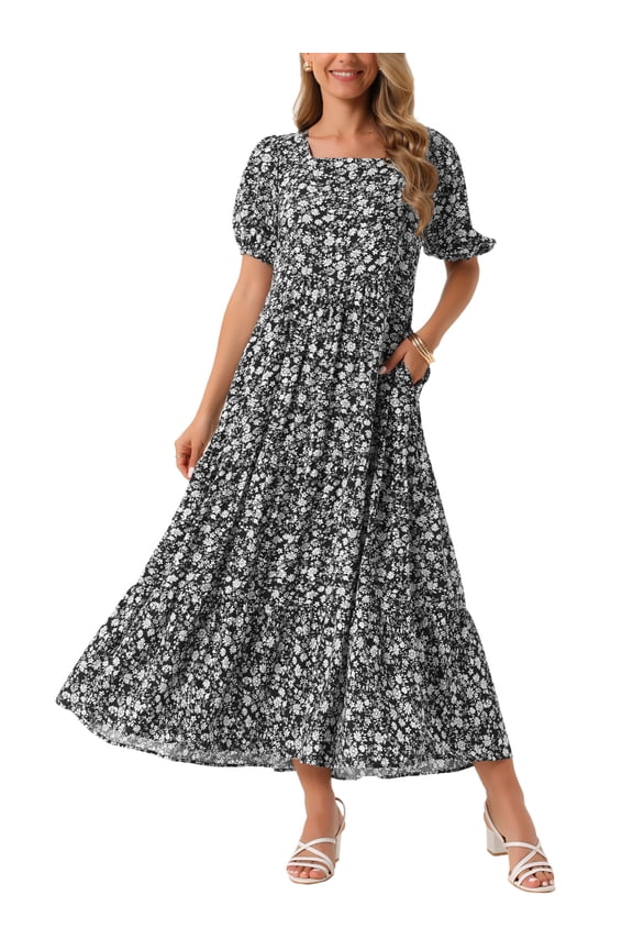 Women's Summer Floral Short Sleeve Square Neck Boho with Pockets Maxi Dress S Black