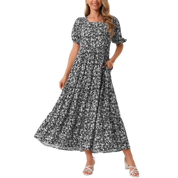 INSPIRE CHIC Women's Summer Floral Short Sleeve Square Neck Boho with Pockets Maxi Dress S Black