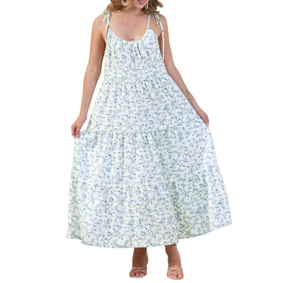 INSPIRE CHIC Women's Summer Floral Tie Shoulder Sleeveless Boho Maxi Dress L Blue