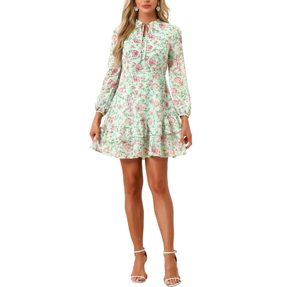 Women's Summer Dresses 2025 Floral Tie V Neck Semi Sheer Long Sleeve Layered Tiered Chiffon Mini Dress M Green