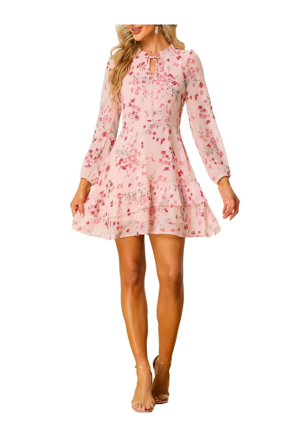 Women's Summer Dresses 2025 Floral Tie V Neck Semi Sheer Long Sleeve Layered Tiered Chiffon Mini Dress M Pink