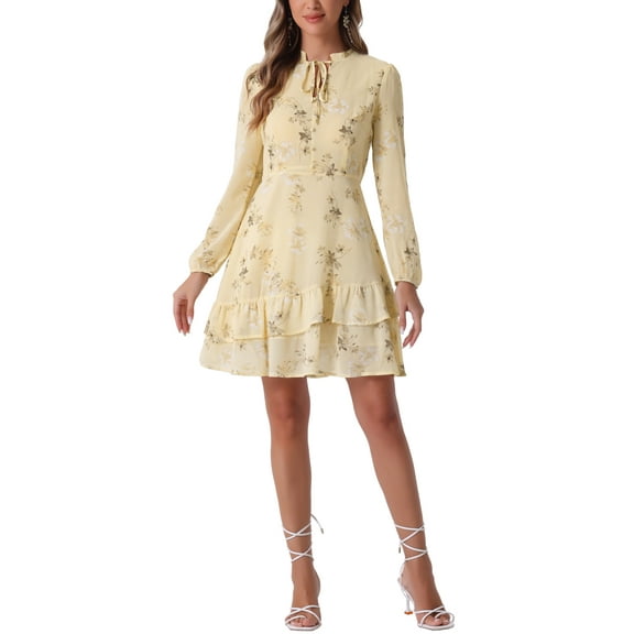Women's Summer Dresses 2025 Floral Tie V Neck Semi Sheer Long Sleeve Layered Tiered Chiffon Mini Dress XL Apricot
