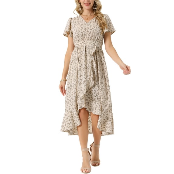 INSPIRE CHIC Women's Summer Flutter Short Sleeve Wrap High Low Hem V Neck Midi Dress S Apricot