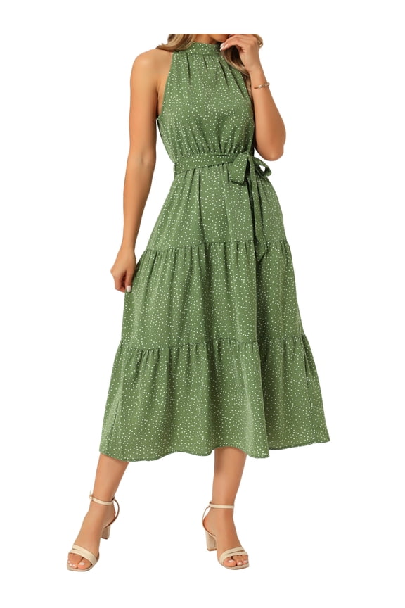 Women's Summer Leopard Print Maxi Dress Halter Neck Tiered A-Line Flowy Cocktail Dresses L Green