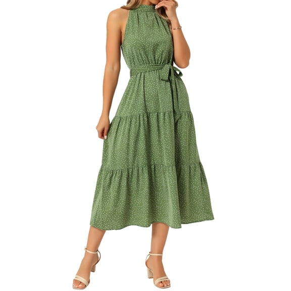 INSPIRE CHIC Women's Summer Leopard Print Maxi Dress Halter Neck Tiered A-Line Flowy Cocktail Dresses S Green
