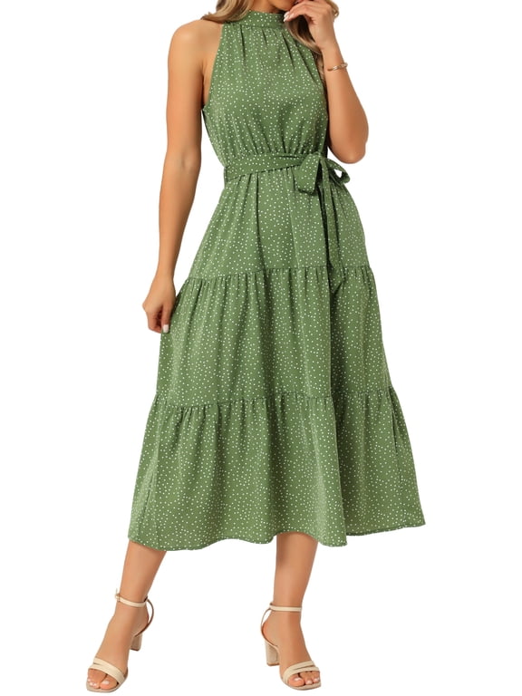 Women's Summer Leopard Print Maxi Dress Halter Neck Tiered A-Line Flowy Cocktail Dresses S Green