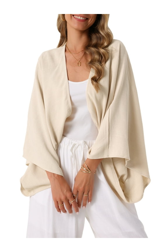 Women's Casual Cardigan 3/4 Sleeves Loose Fit Solid Color Linen Shrug M Apricot