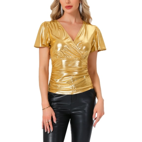 INSPIRE CHIC Women's Top V Neck Ruffle Short Sleeve Shiny Metallic Wrap Party Blouse M Gold