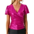 thumbnail image 1 of INSPIRE CHIC Women's Top V Neck Ruffle Short Sleeve Shiny Metallic Wrap Party Blouse M Hot Pink, 1 of 6