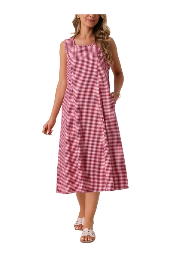 Easter Outfit Women's Plaid Sleeveless Dresses Casual Loose Fit Tank Midi Gingham Dress with Pockets Summer Outfits L Red