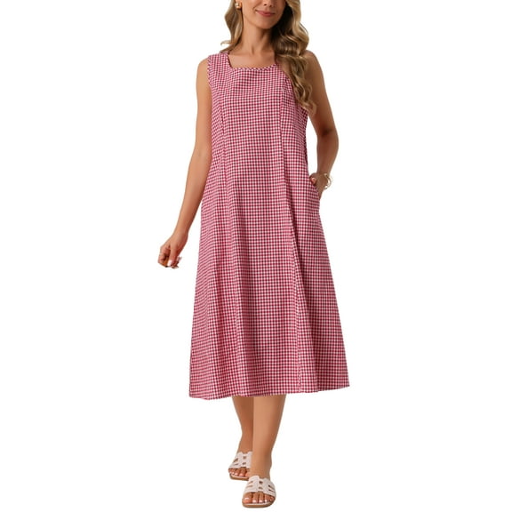 INSPIRE CHIC Women's Plaid Sleeveless Dresses Casual Loose Fit Tank Midi Gingham Dress with Pockets Summer Outfits XL Red