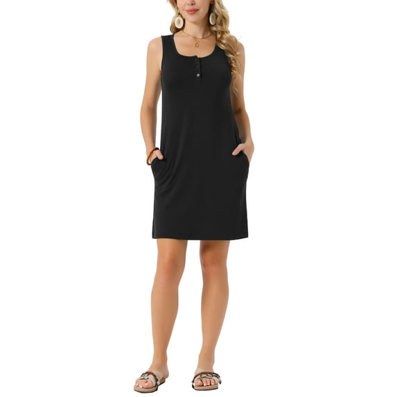 INSPIRE CHIC Women's Summer Scoop Neck Sleeveless Button Down with Pockets Shirt Mini Dress M Black
