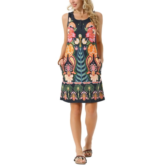 INSPIRE CHIC Women's Summer Scoop Neck Sleeveless Button Down with Pockets Shirt Mini Dress S Black Floral