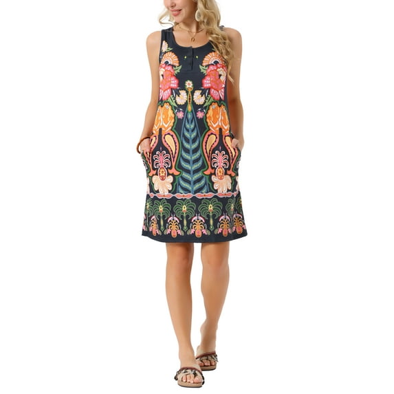 INSPIRE CHIC Women's Summer Scoop Neck Sleeveless Button Down with Pockets Shirt Mini Dress S Black Floral