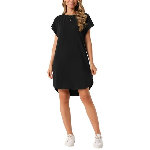 INSPIRE CHIC Women's Summer Short Sleeve Crew Neck with Pockets Loose Beach Mini Dress S Black