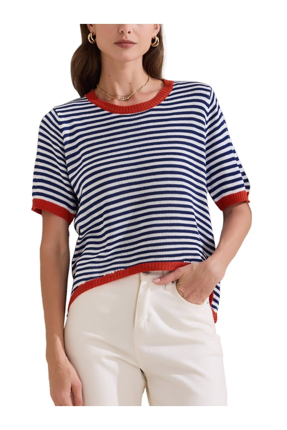 Women's Summer Short Sleeve Round Neck Trendy Pullover Striped Knitted T Shirt XL Dark Blue