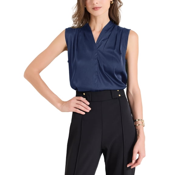 INSPIRE CHIC Women's Summer Silk Satin V Neck Sleeveless Ruched Tank Top S Dark Blue