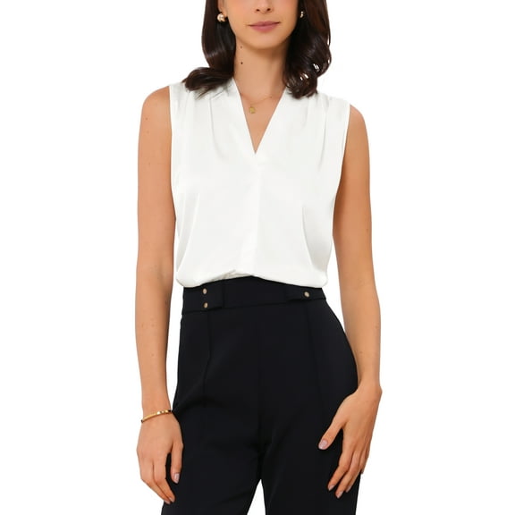 INSPIRE CHIC Women's Summer Silk Satin V Neck Sleeveless Ruched Tank Top XS White