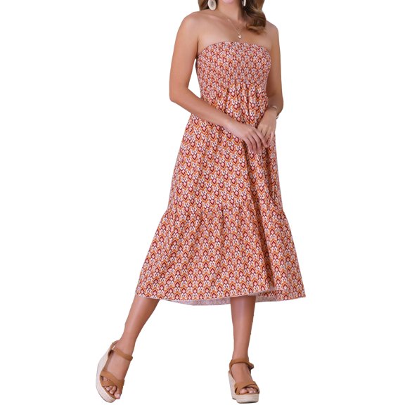 INSPIRE CHIC Women's Summer Skirt Casual Smocked Waist Flowy Floral Maxi Skirts XS Orange Floral