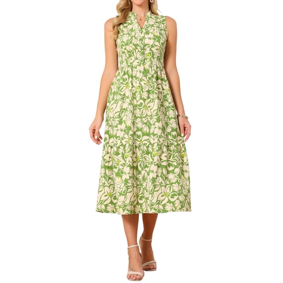 INSPIRE CHIC Women's Summer Sleeveless Floral Dress Casual Tiered Pleated Collar V Neck Flowy Ruffle A Line Button Down Midi Dresses S Green