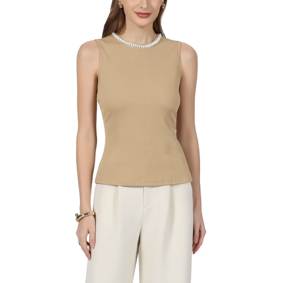 INSPIRE CHIC Women's Summer Sleeveless Top Casual Work Office Beaded Tank Blouses Tops XL Brown