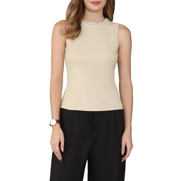 INSPIRE CHIC Women's Summer Sleeveless Top Casual Work Office Beaded Tank Blouses Tops XL Khaki