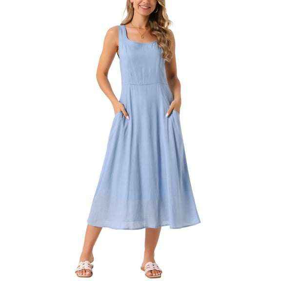 INSPIRE CHIC Women's Linen Dresses Summer Sleeveless Sundress Casual Loose Flowy Midi Tank Beach Dress S Sky Blue