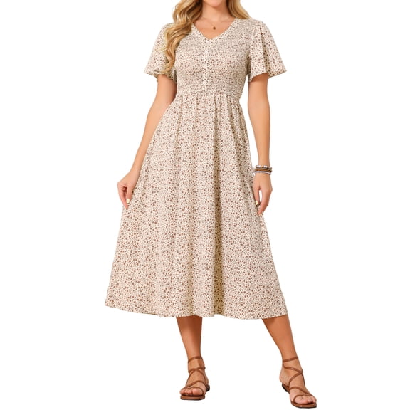 INSPIRE CHIC Women's Summer Smocked Casual Floral Midi Dress Flutter Short Sleeve V Neck Boho A Line Flowy Sundress Long Dresses L Apricot