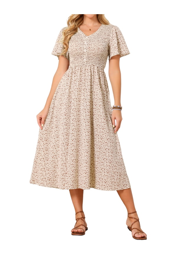 Women's Summer Smocked Casual Floral Midi Dress Flutter Short Sleeve V Neck Boho A Line Flowy Sundress Long Dresses L Apricot