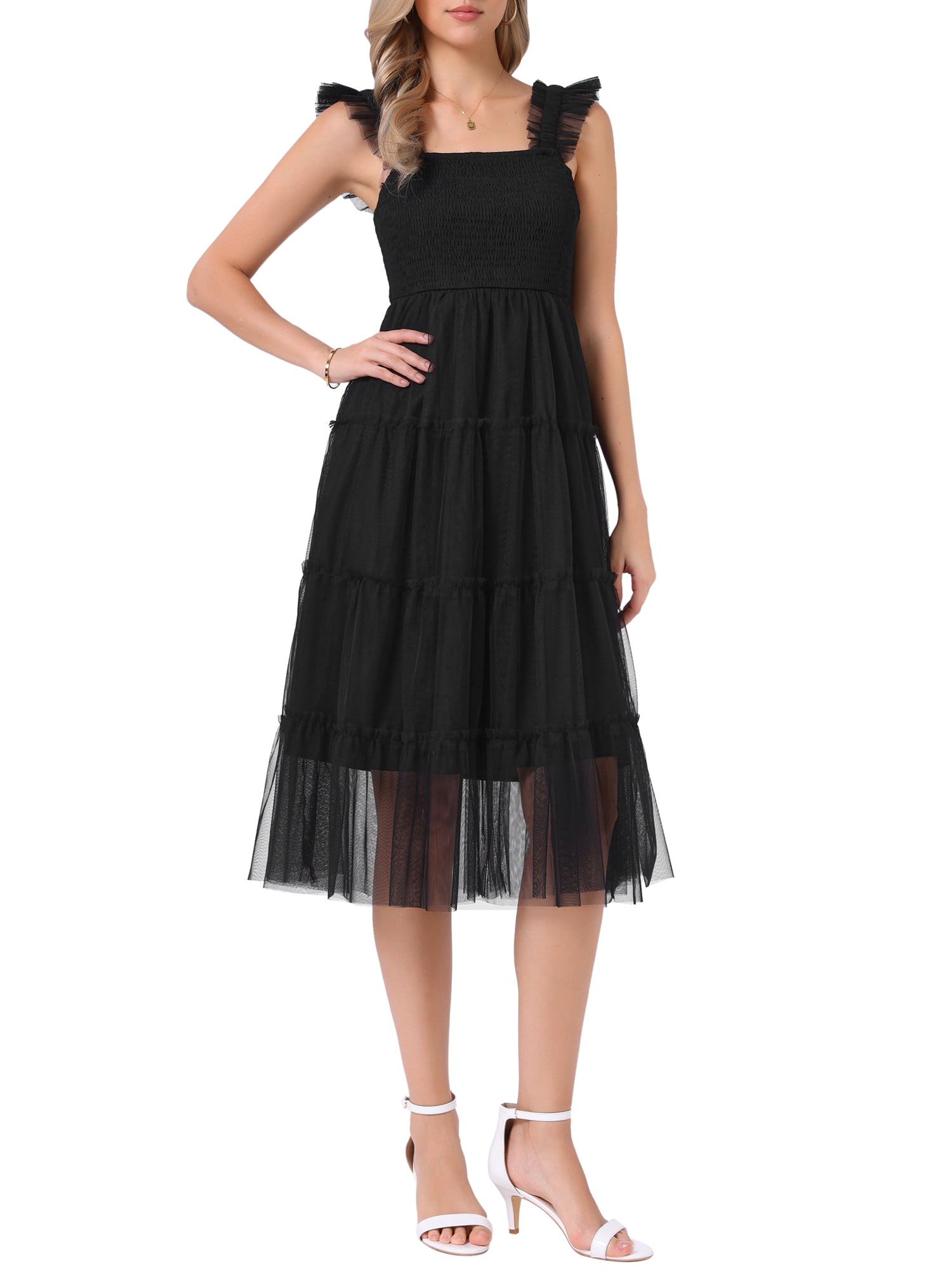 black ruffled tulle midi dress A-Line Corset Ruffled Tulle Prom Dress, Black / 8