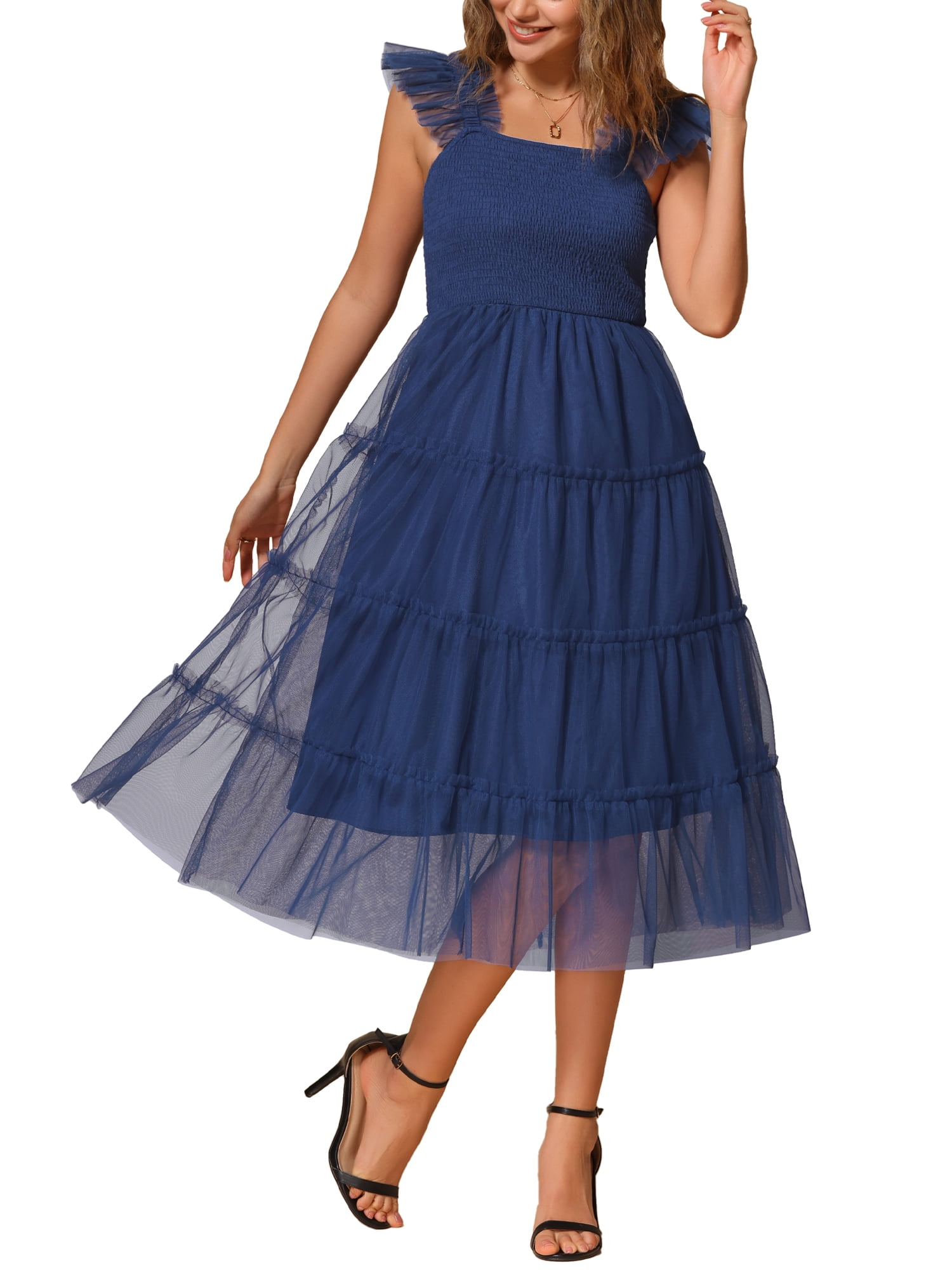 blue tulle dress midi Blue Tulle Midi Dress with Slit – Skirt & Stiletto main image 1