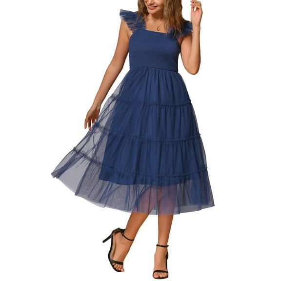 INSPIRE CHIC Women's Summer Smocked Midi Dress Sleeveless Tiered Ruffled Tulle Party Sundress XS Dark Blue