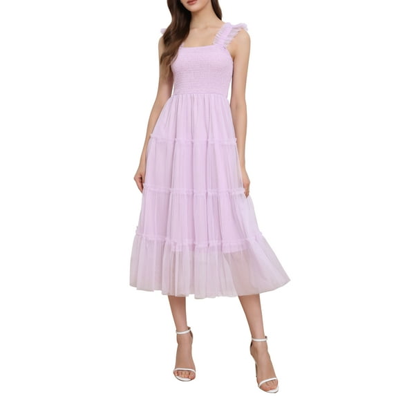 INSPIRE CHIC Women's Summer Smocked Midi Dress Sleeveless Tiered Ruffled Tulle Party Sundress XS Light Purple
