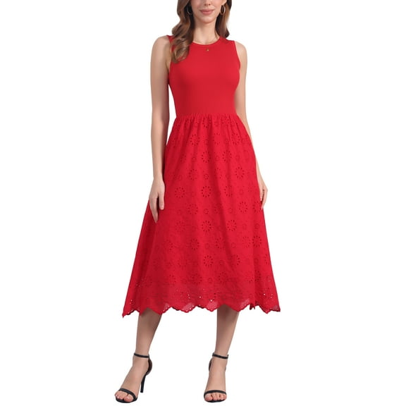 INSPIRE CHIC Women's Summer Tank Dress Sleeveless A Line Midi Dress Cotton Crewneck Casual Holiday Dress S Red