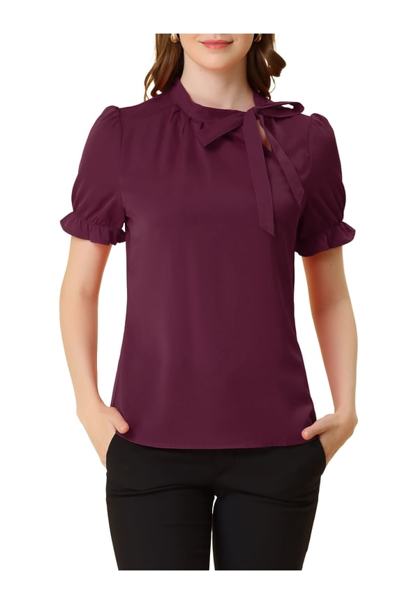 Women's Summer Tops Solid Color Bow Tie Neck Short Sleeves Wear-to-Work Blouses Deep Fuchsia XS