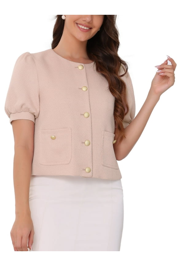 Women's Summer Tweed Puff Short Sleeve Round Neck Front Open Work Vintage Top L Light Pink