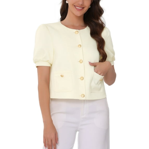 INSPIRE CHIC Women's Summer Tweed Puff Short Sleeve Round Neck Front Open Work Vintage Top S Beige