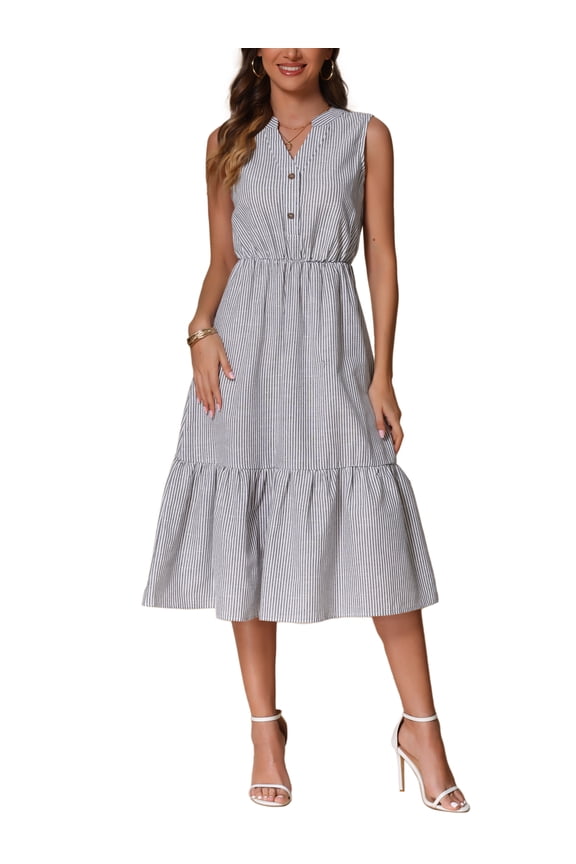 Women's Summer V Neck Button Down Sleeveless Pleated Ruffle Striped Midi Shirt Dress XL Black