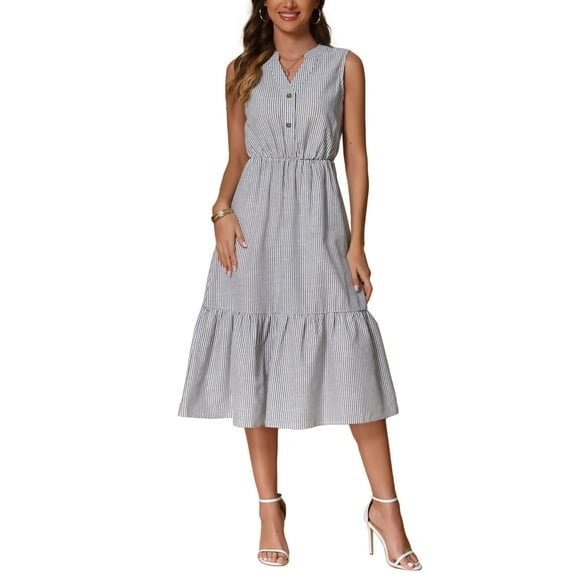 INSPIRE CHIC Women's Summer V Neck Button Down Sleeveless Pleated Ruffle Striped Midi Shirt Dress XS Black