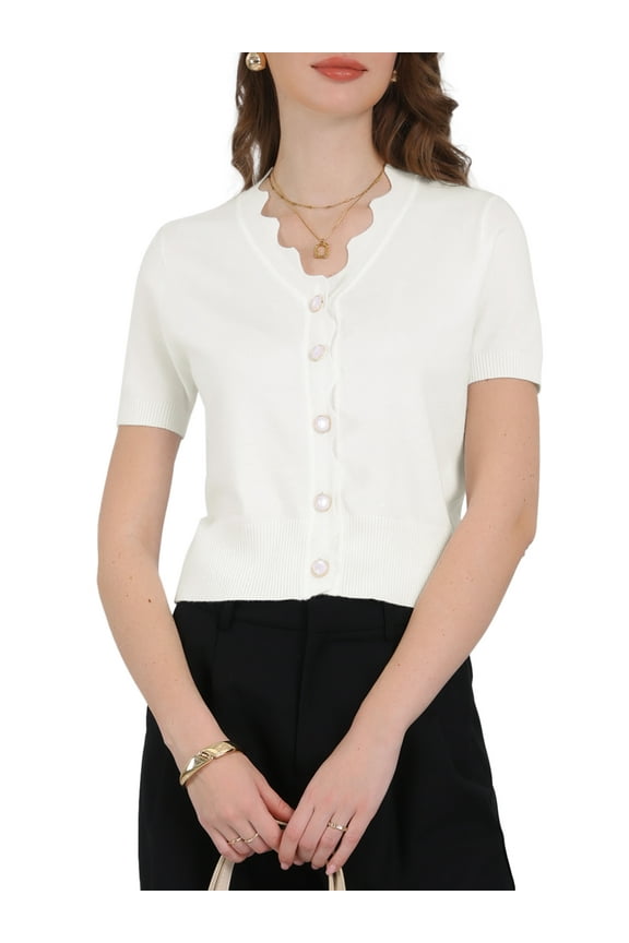 Women's Summer V Neck Short Sleeve Knit Cropped Sweaters Cardigan S White