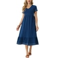 thumbnail image 1 of INSPIRE CHIC Women's Summer V Neck Short Sleeve with Pockets Contrast Trim A-Line Midi Dress M Blue, 1 of 6