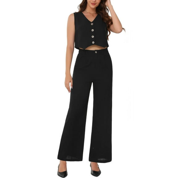 INSPIRE CHIC Women's Summer V Neck Sleeveless Linen Crop Tank and Wide Leg Pants Casual Two Piece Outfits Set S Black