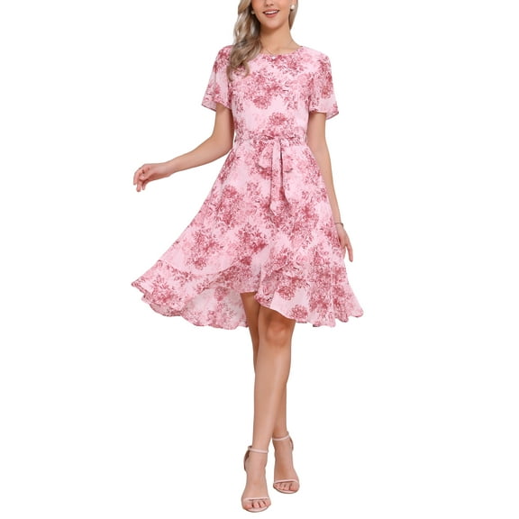 INSPIRE CHIC Women's Summer Wrap Ruffle High Low Hem Short Sleeve Crew Neck Flowy Floral Midi Dress XS Pink