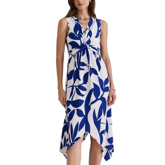 INSPIRE CHIC Women's Sundress Floral Sleeveless Deep V Neck Irregular Hem Midi Dresses S Blue